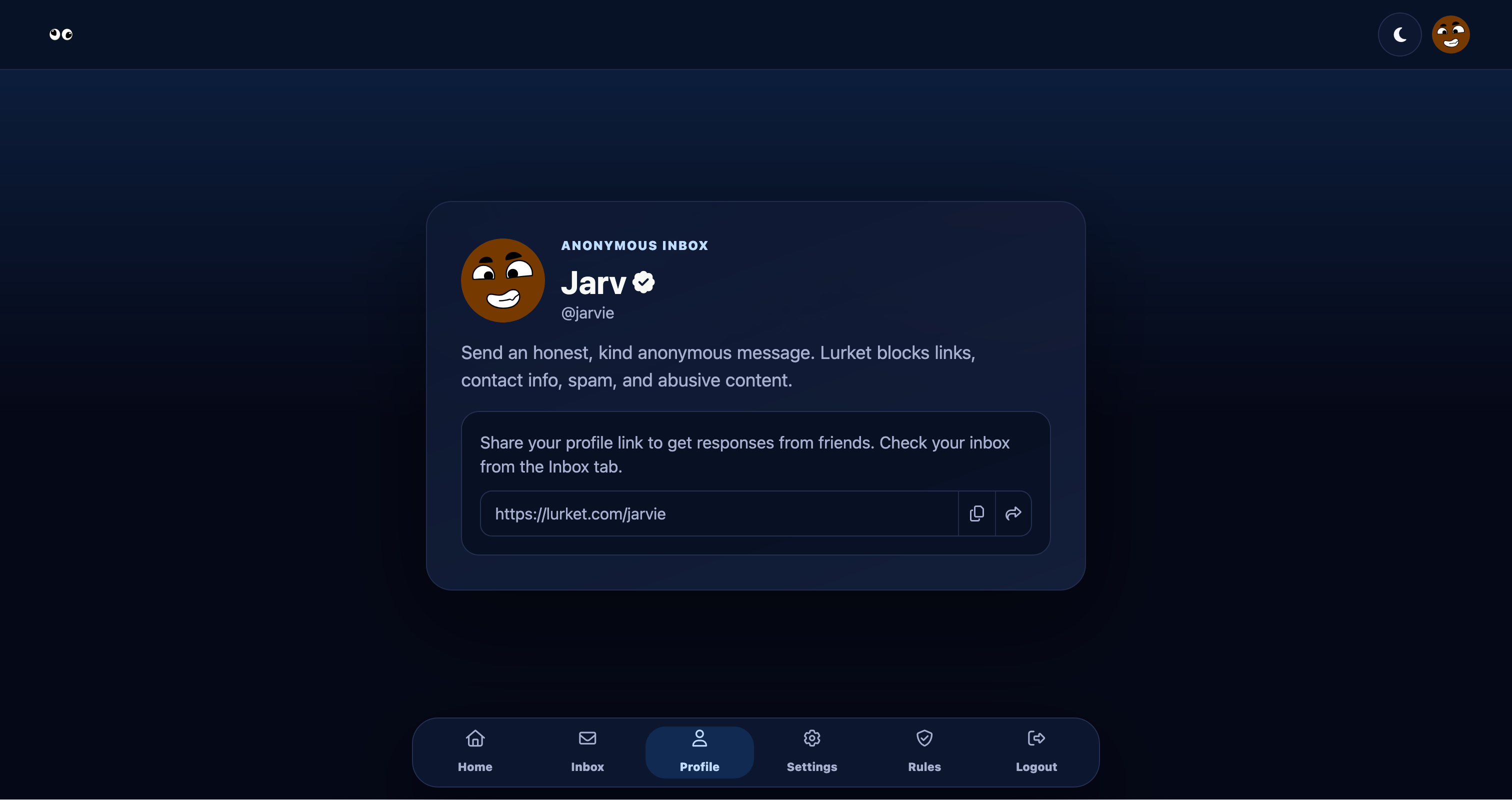 Lurket anonymous profile screenshot